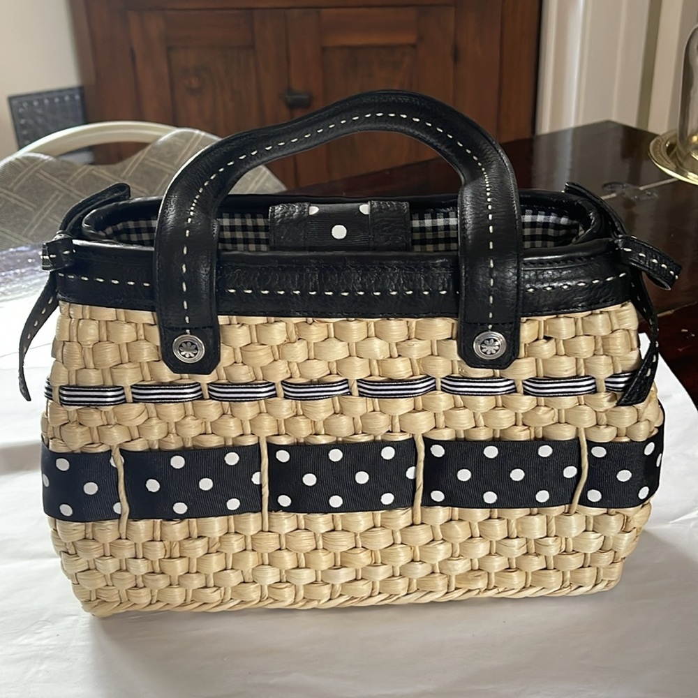 Brighton Black Leather and Tan Woven Wicker Polka Dot Purse Handbag UNUSED - Picture 12 of 14